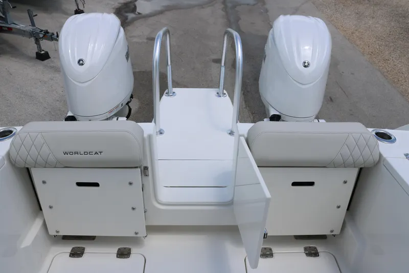 Slide: The Image of 2026 World Cat 265 CC-X boat with dual engines and cushioned seating. - 18