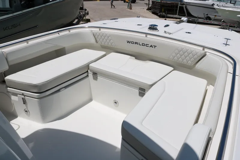 Slide: The Image of 2026 World Cat 265 CC-X boat interior with white cushioned seating. - 8