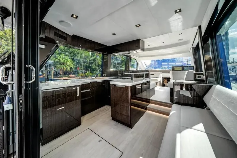 Slide: The Image of Luxurious interior of 2024 Galeon 500 Fly yacht with modern design and spacious layout. - 33