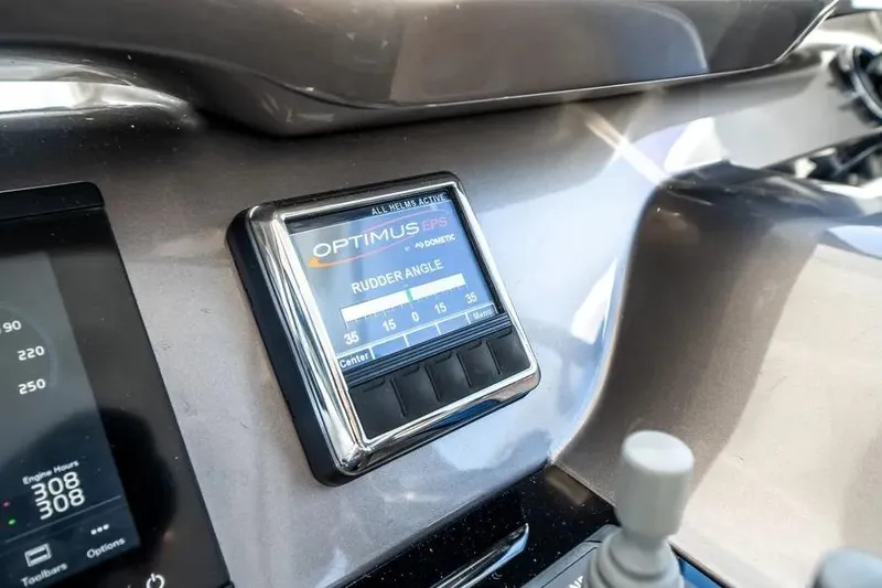 Slide: The Image of 2024 Galeon 500 Fly dashboard featuring Optimus EPS rudder angle display. - 44