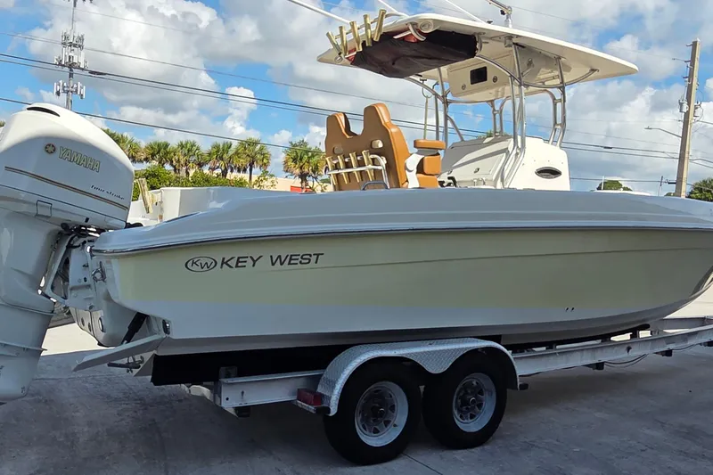 Slide: The Image of 2008 Key West 293 Center Console boat on trailer with Yamaha engine. - 2