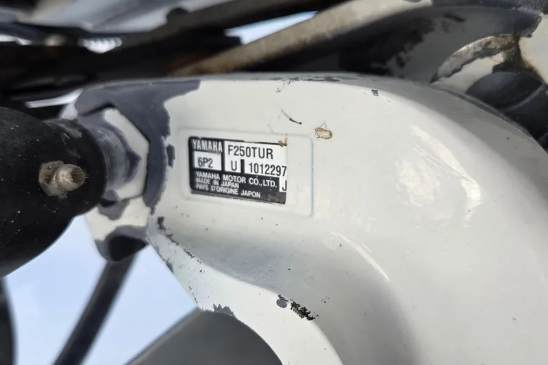 Slide: The Image of Close-up of Yamaha F250TUR engine label on 2008 Key West 293 Center Console boat. - 22