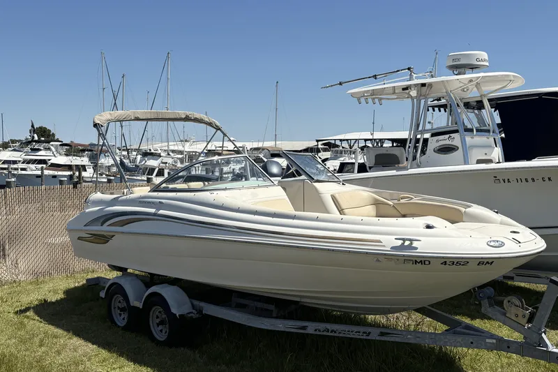 The Image of 2001 Sea Ray 210 Sundeck boat on trailer, docked at marina with other boats. - 0