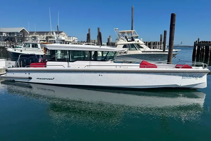 The Image of 2022 Axopar 37 XC Cross Cabin boat docked in a marina. - 1