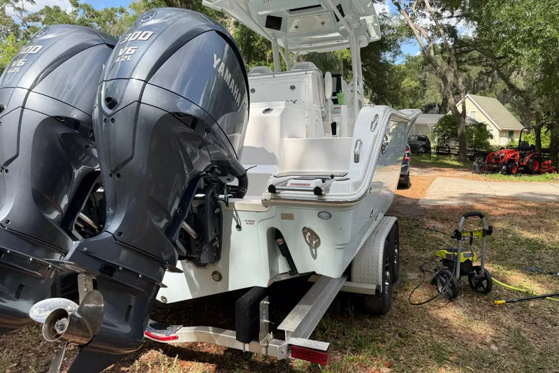 Slide: The Image of 2023 Sea Fox 288 Commander boat with dual Yamaha engines on a trailer. - 6