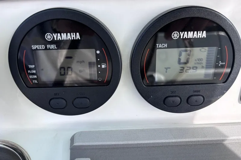 Slide: The Image of Yamaha gauges on a 2025 Sea Fox 228 Commander boat dashboard, displaying speed and tachometer readings. - 5