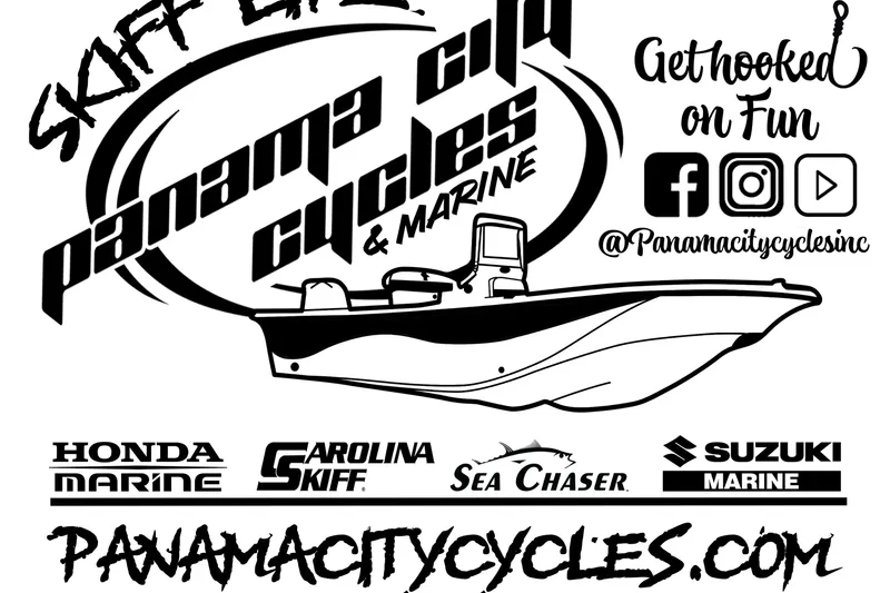 Slide: The Image of Panama City Cycles Marine logo featuring Carolina Skiff 21 LS boat, social media icons, and website. - 6