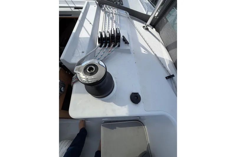 Slide: The Image of Deck view of 2023 Catalina 425 sailboat with winch and control lines. - 13