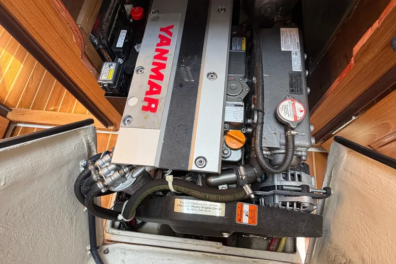 Slide: The Image of Engine compartment of a 2023 Catalina 425 sailboat featuring a Yanmar engine. - 42