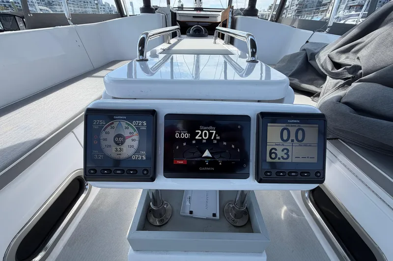 Slide: The Image of Cockpit of 2023 Catalina 425 sailboat with Garmin navigation displays. - 8