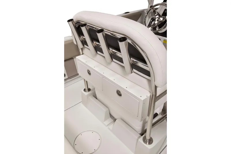Slide: The Image of 2024 Finseeker 210 CC boat interior with rod holders and storage compartments. - 11