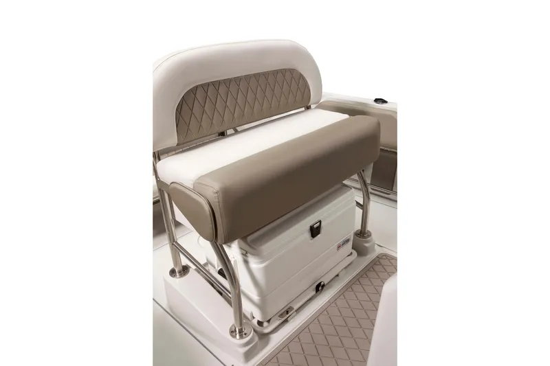 Slide: The Image of 2024 Finseeker 210 CC boat seat with integrated storage and diamond-pattern upholstery. - 13