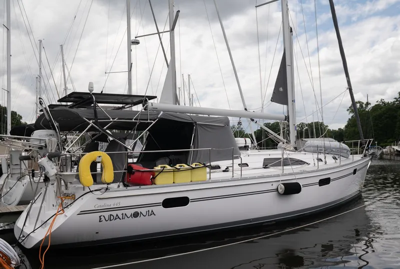 Slide: The Image of 2024 Catalina 445 sailboat docked, featuring sleek design and modern amenities. - 15