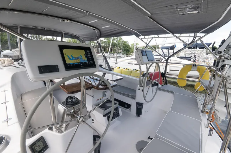 Slide: The Image of 2024 Catalina 445 yacht cockpit with dual steering wheels and navigation displays. - 25