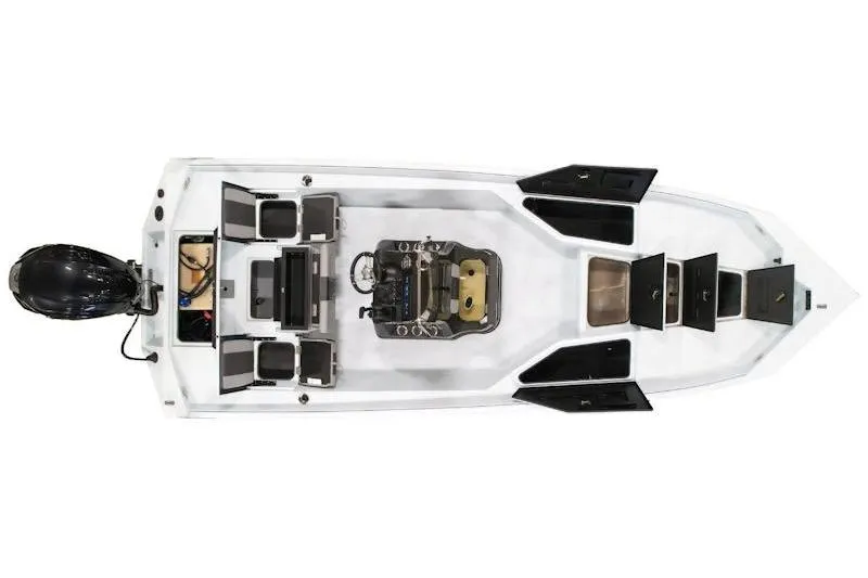 Slide: The Image of Top view of 2026 Excel 220 Bay Pro Elite boat with open storage compartments. - 6