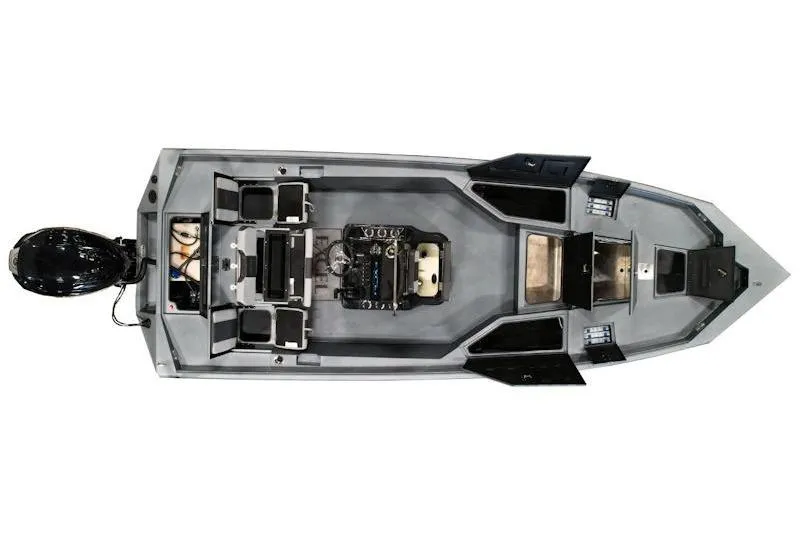 Slide: The Image of Top view of 2026 Excel 230 Bay Pro Elite boat with seating and engine. - 2
