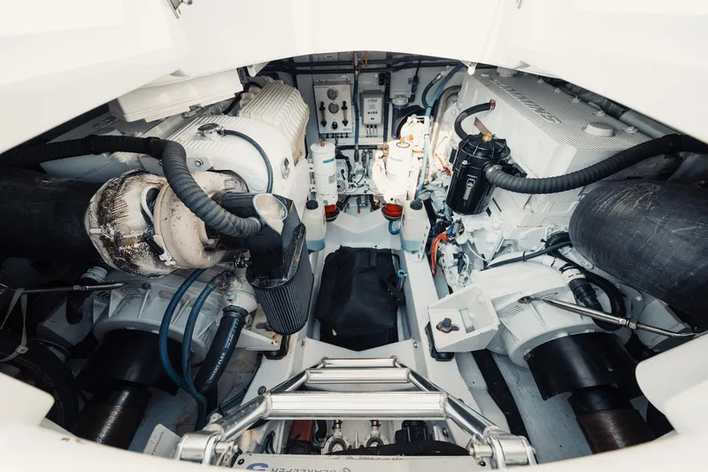 Slide: The Image of Engine room of a 2016 F&S Express boat, showcasing mechanical components and systems. - 29