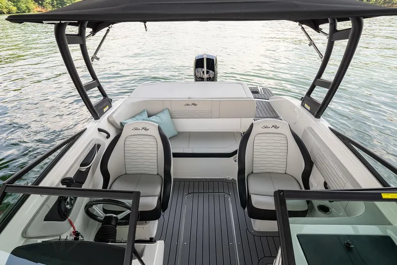 Slide: The Image of Manufacturer Provided Image: 2022 Sea Ray SPX 190 OB boat interior with seating and steering wheel. - 5