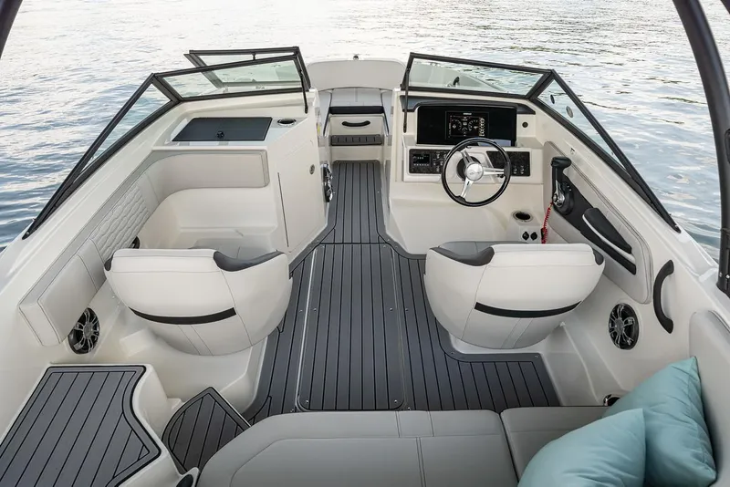 Slide: The Image of Manufacturer Provided Image: 2022 Sea Ray SPX 190 OB boat interior with modern seating and dashboard. - 6