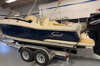 Slide: The Image of 2021 Scout 215 Dorado boat on trailer in indoor storage facility. - 3