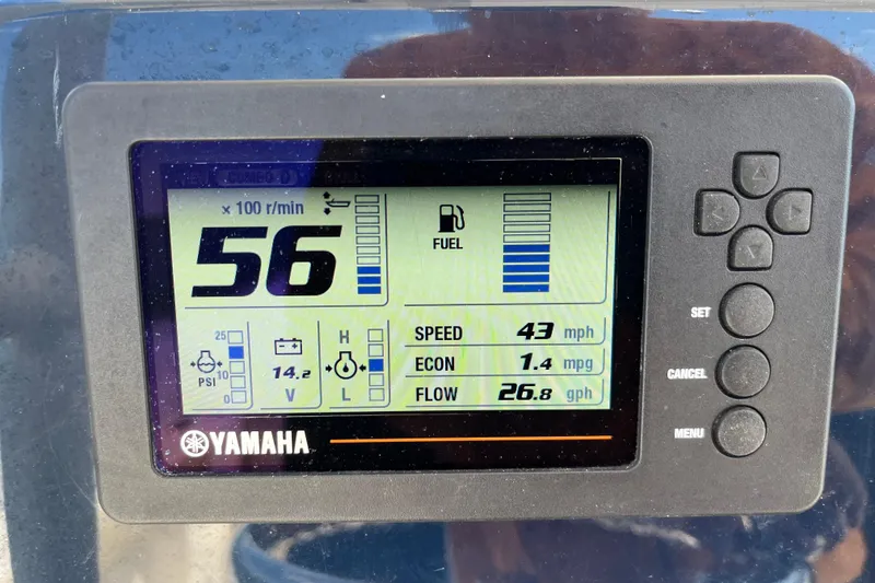 Slide: The Image of Yamaha display on 2017 Pursuit C 238 Center Console showing speed and fuel data. - 6