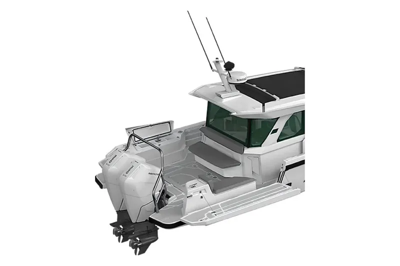 Slide: The Image of 2026 Axopar 38 Cross Cabin boat with dual outboard motors and sleek design. - 21