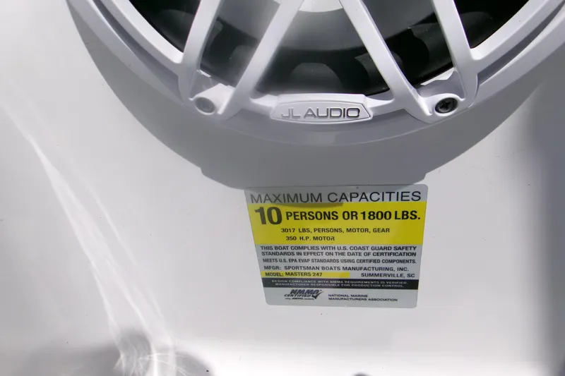Slide: The Image of Speaker and capacity label on 2023 Sportsman Masters 247 Bay Boat. - 19