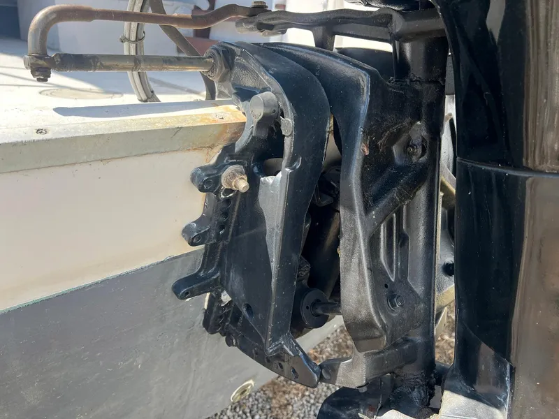 Slide: The Image of 1987 Grady-White Seafarer 226 boat engine mount detail, showing metal components and connections. - 21