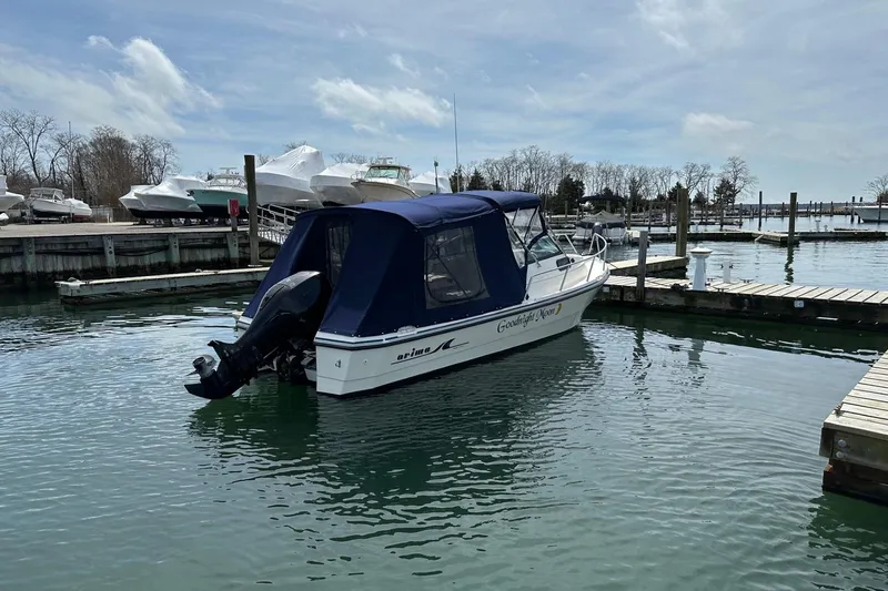 Slide: The Image of 2002 Arima Sea Ranger 21 Hardtop boat docked in a marina under a cloudy sky. - 14