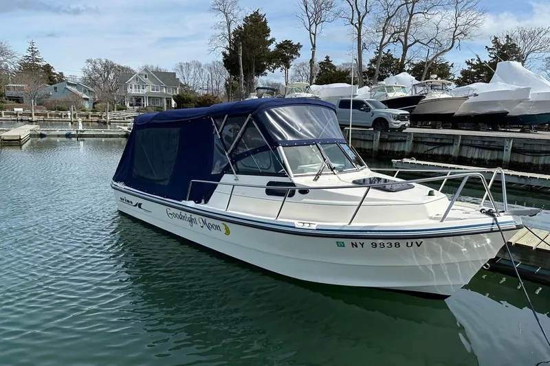Slide: The Image of 2002 Arima Sea Ranger 21 Hardtop boat docked in a marina with blue canopy. - 6