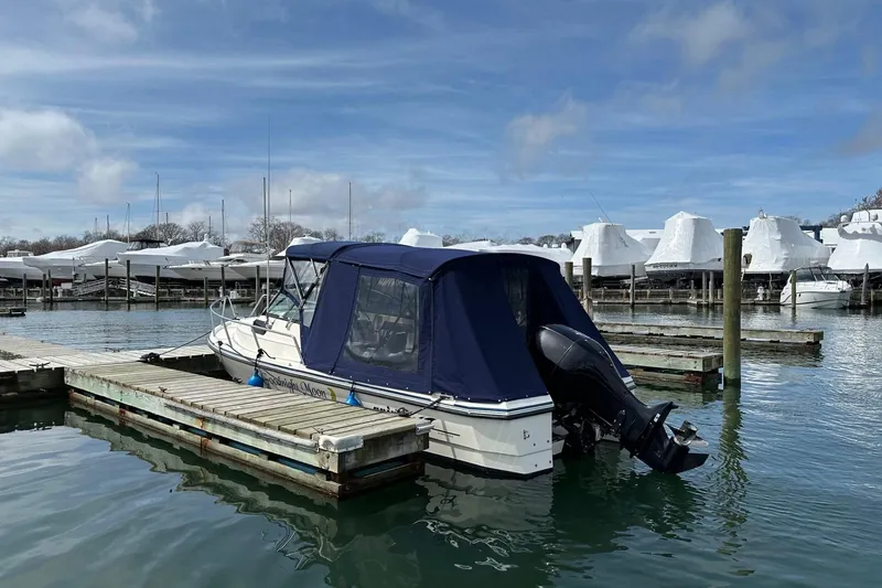 Slide: The Image of 2002 Arima Sea Ranger 21 Hardtop docked at marina with blue canopy. - 8