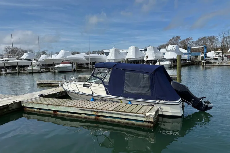 Slide: The Image of 2002 Arima Sea Ranger 21 Hardtop docked at a marina with covered boats. - 9