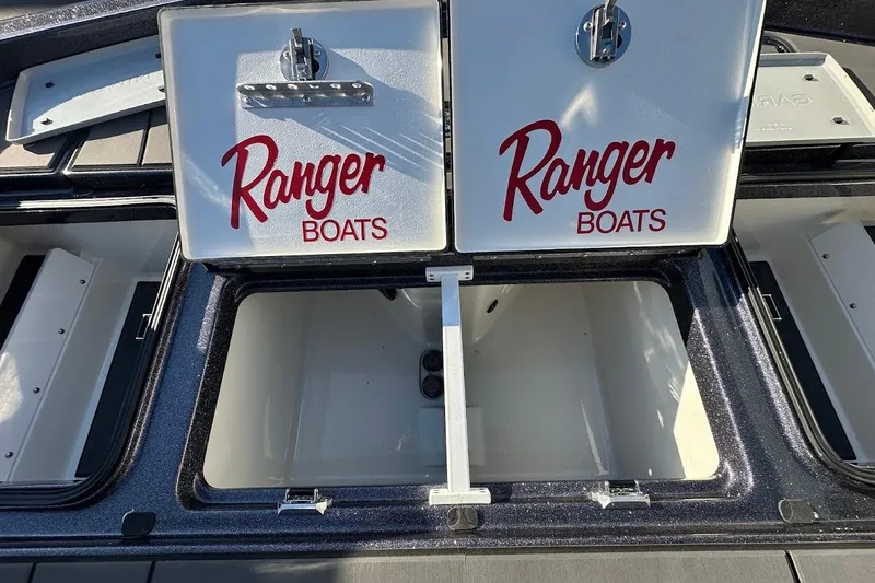 Slide: The Image of 2026 Ranger Z521R Garmin Cup-Equipped boat storage compartments with Ranger Boats branding. - 32