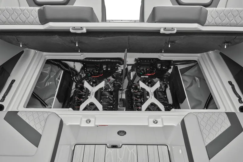 Slide: The Image of Engine compartment of 2026 Yamaha Boats 222XD with dual engines. - 10
