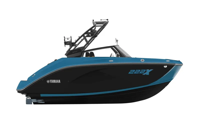 Slide: The Image of 2026 Yamaha Boats 222XD in blue and black, side view. - 13