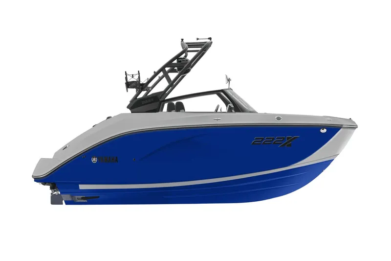 Slide: The Image of Yamaha Boats 222XD 2026, blue design, side view. - 14