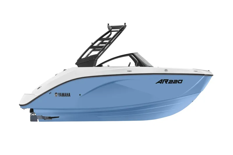 Slide: The Image of 2026 Yamaha AR220 boat in blue design, side view. - 41