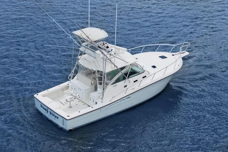 Slide: The Image of 2005 Rampage 38 Express boat on open water, featuring a spacious deck and fishing equipment. - 10