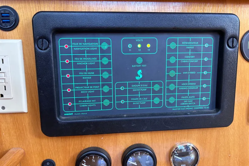 Slide: The Image of Control panel of a 1990 Beneteau Oceanis 350 sailboat, displaying various system indicators. - 23