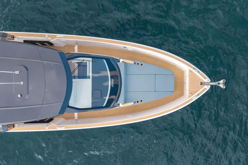 Slide: The Image of Aerial view of 2026 Fjord 39 XP yacht on blue ocean water. - 4