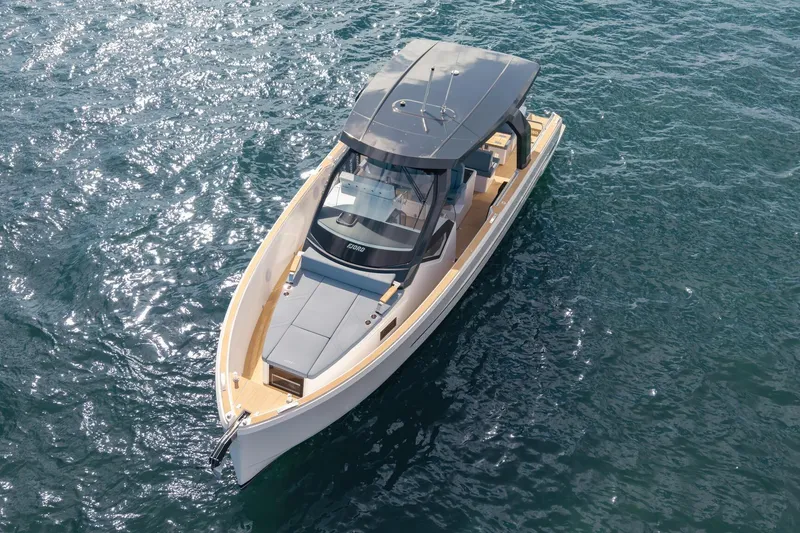 Slide: The Image of Aerial view of 2026 Fjord 39 XP yacht cruising on open water. - 5