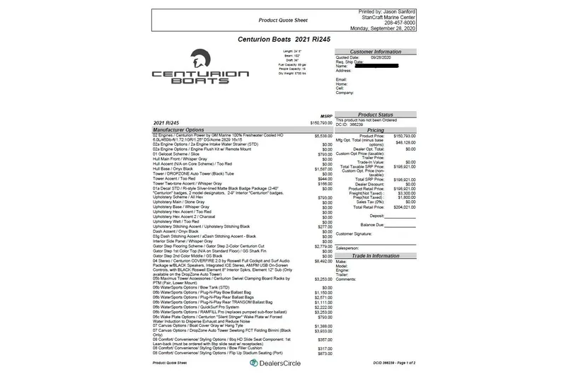 Slide: The Image of Centurion Ri245 2021 product quote sheet with detailed pricing and options. - 24