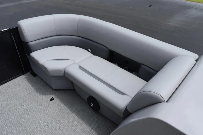 Slide: The Image of 2026 Bentley Pontoons Legacy 223 Navigator interior seating, featuring sleek gray upholstery. - 11
