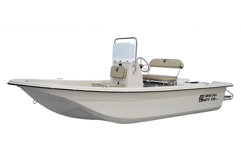 Slide: The Image of Manufacturer Provided Image: 2026 Carolina Skiff E16 JVX CC boat, side view, white hull, center console design. - 18