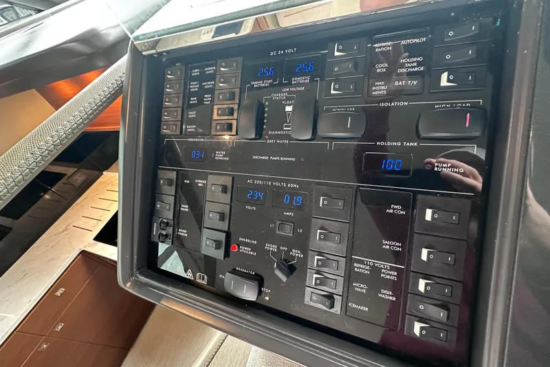 Slide: The Image of Control panel of a 2018 Princess F43 yacht, displaying various system indicators and switches. - 32