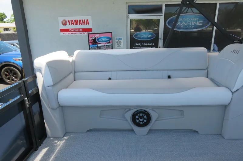 Slide: The Image of 2026 Avalon Venture 85 Quad Lounge boat interior with Yamaha service sign. - 22