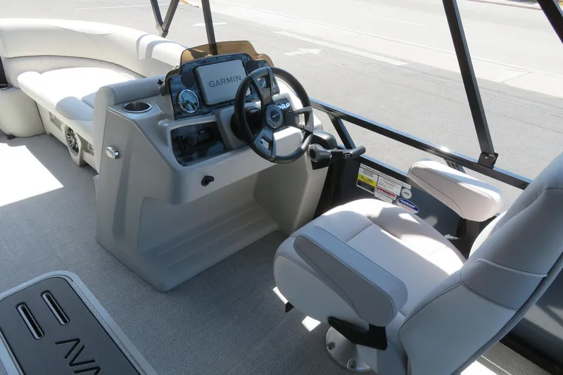 Slide: The Image of Interior of 2026 Avalon Venture 85 Quad Lounge boat with Garmin navigation system. - 29