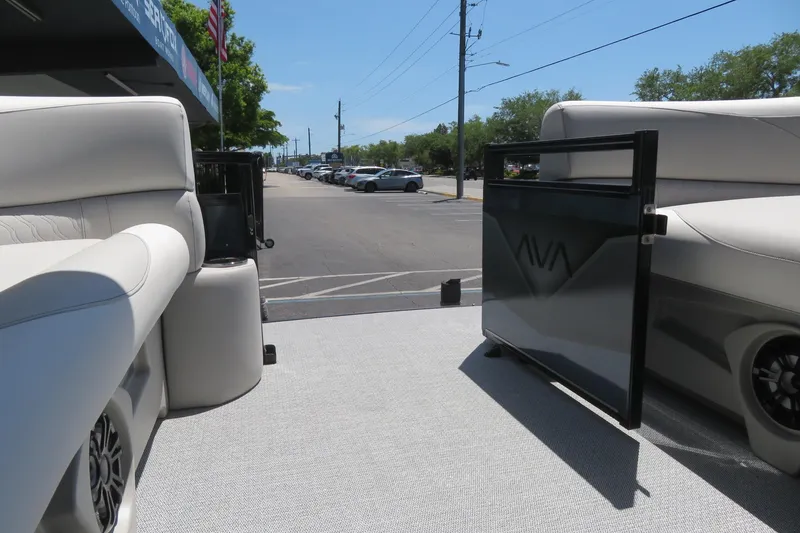 Slide: The Image of 2026 Avalon Venture 85 Quad Lounge boat interior with open gate, street view. - 39