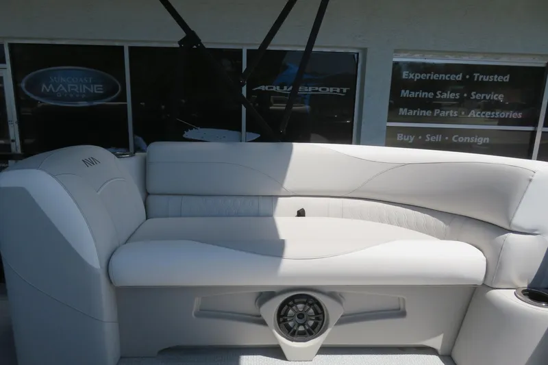 Slide: The Image of Luxurious seating on 2026 Avalon Venture 85 Quad Lounge boat, featuring sleek white upholstery. - 41