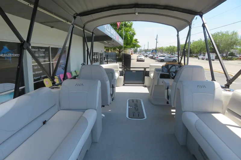 Slide: The Image of 2026 Avalon Venture 85 Quad Lounge boat interior with spacious seating and modern design. - 54